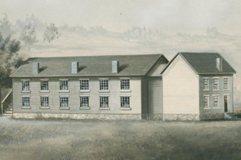 The boarding house (left) and professor’s house (right) at the northeast corner of Morton and First streets, around 1840. Photo courtesy of IU Archives.