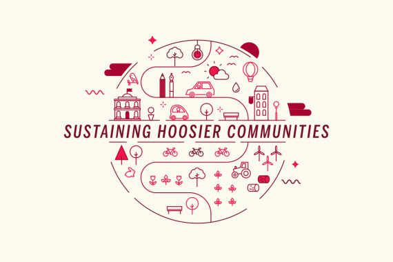 Several small icons (including bicycles, flowers, windmills, park benches, birds, and more) surround the text "Sustaining Hoosier Communities."