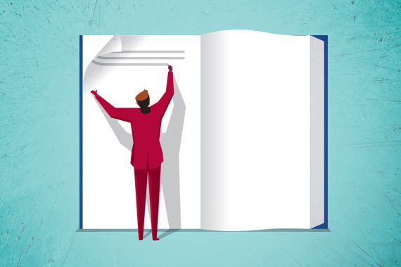 Illustration of person writing in a giant book