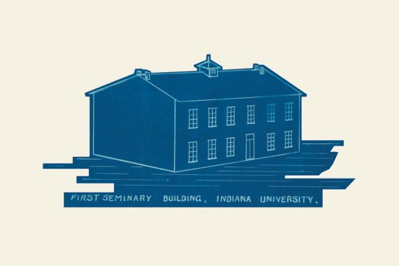 A blue drawing of a simple, two-story building labeled "First Seminary Building, Indiana University.”