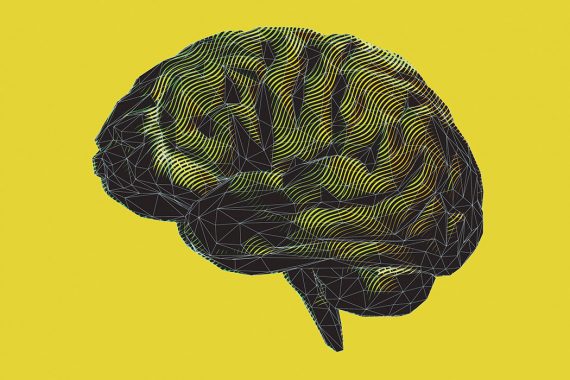 An illustration of a brain in profile, designed with layered geometric and wave patterns and set against a mustard yellow background.