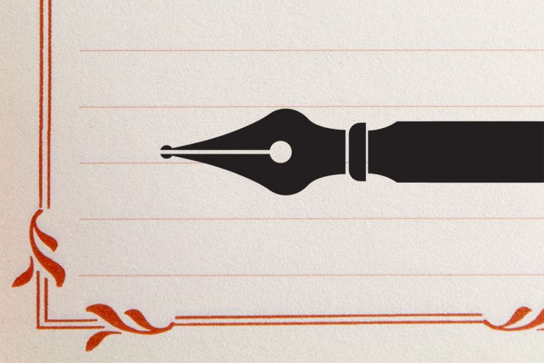 The silhouette of a pen overlaps a piece of stationary with a decorative red border.
