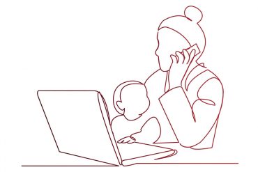 Illustration of a woman working on a laptop with a small child on her lap.