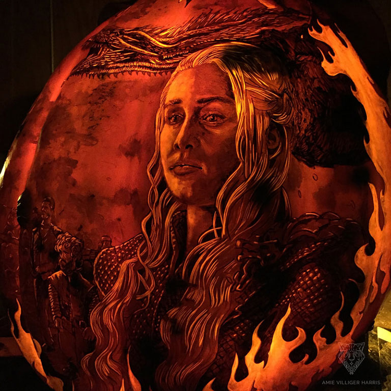 The face of Daenerys Targaryen carved into a pumpkin