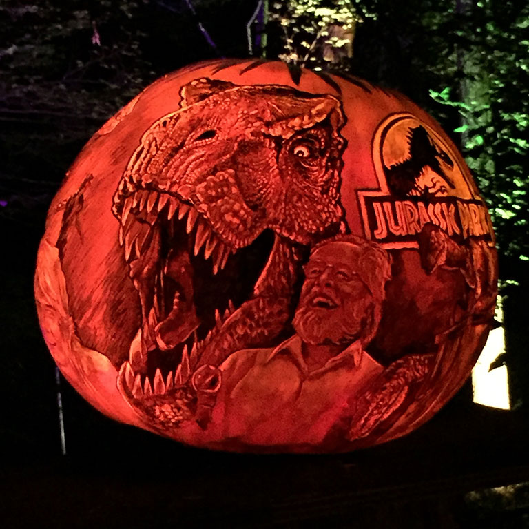 T-Rex from Jurassic Park depicted on a pumpkin