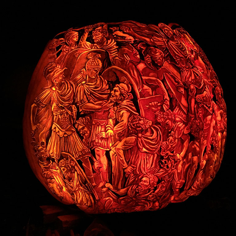 Ludovisi Battle sarcophagus depicted on a pumpkin
