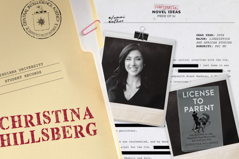 Black and white polaroid of Christina Hillsberg and cover of "License to Parent" in a manila folder