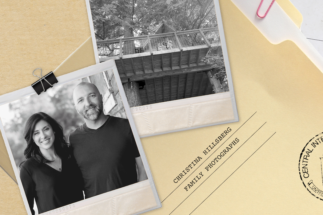 Black and white polaroid of Christina and Ryan Hillsberg and image of the family's treehouse, clipped to a manila folder 