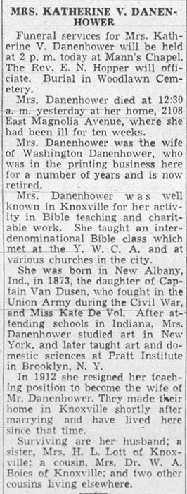 A clip from an old newspaper that begins, “Funeral services for Mrs. Katherine V. Danenhower will be held at 2 p.m. today at Mann’s Chapel. The Rev. E. N. Hopper will officiate. Burial in Woodlawn Cemetery.”