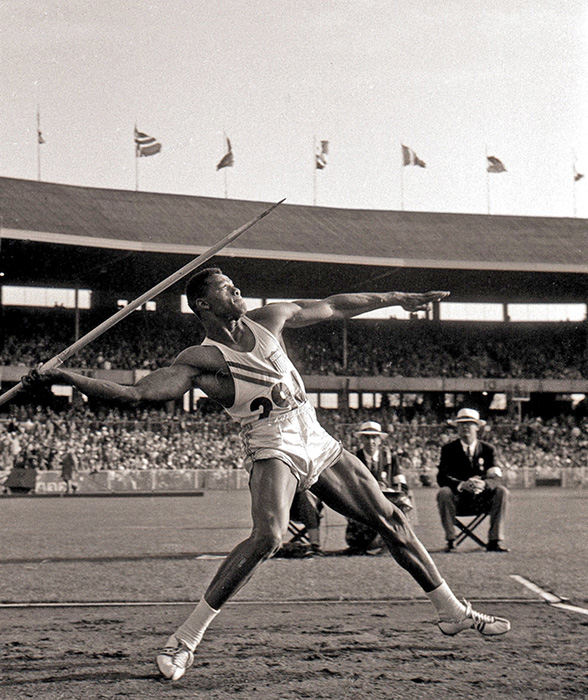 Milt Campbell throwing a javelin 